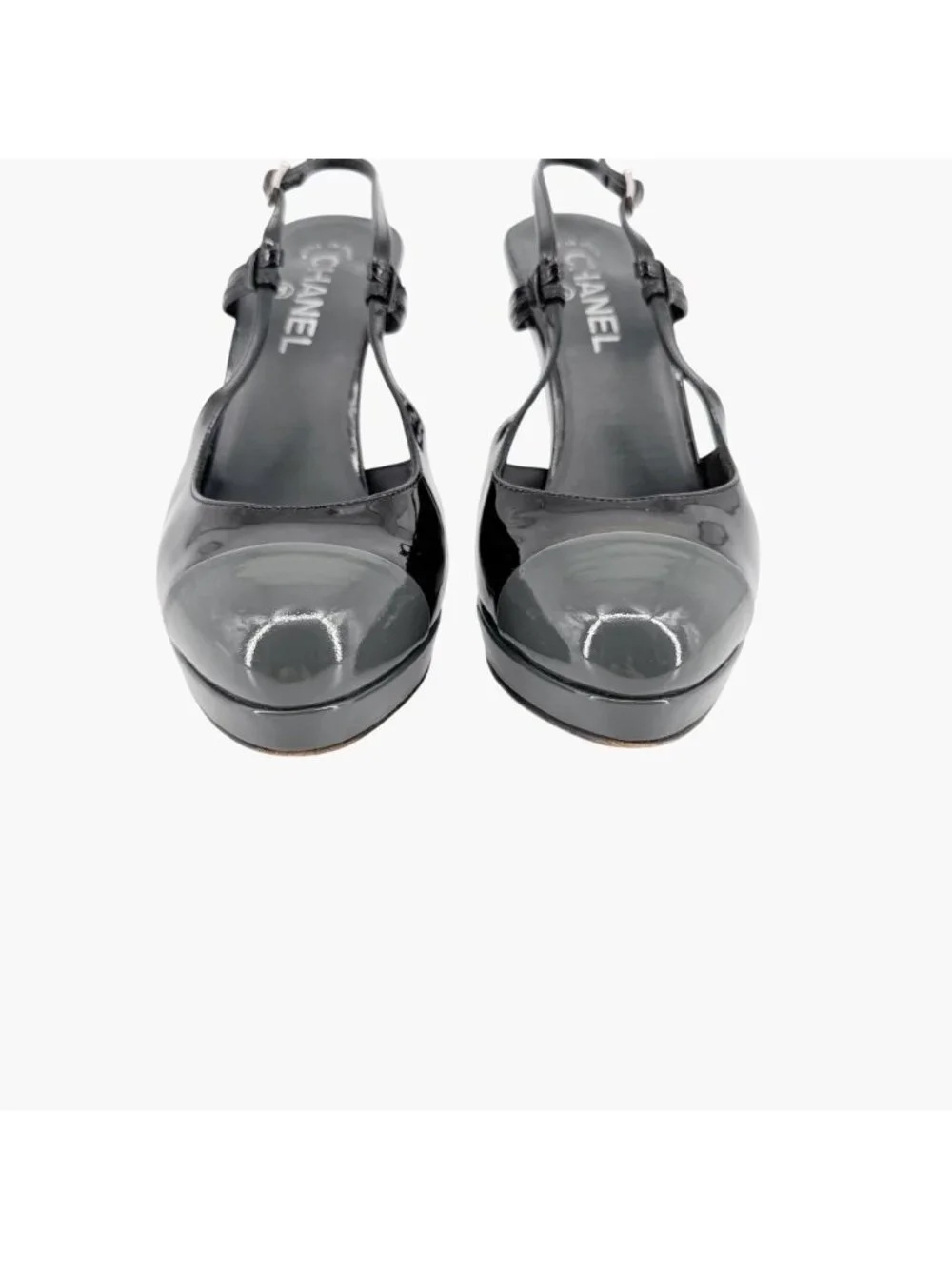 Chanel Cap Toe Slingback Pump Size 38.5 US 7.5-8 Black Patent Platform High Heel